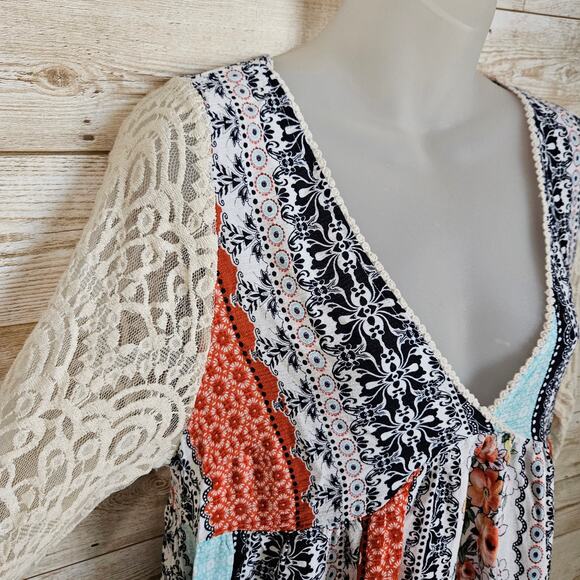 Boho Crochet Patchwork Dress Size Large Lace Sleeve Festival Flowy Oversized NEW - Picture 5 of 16